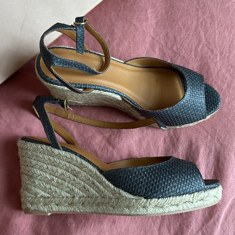 Rivecour nwt black raffia peep toe wedge platform espadrille French girl chic